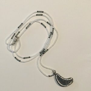 Long beaded necklace w pave crescent moon pendant